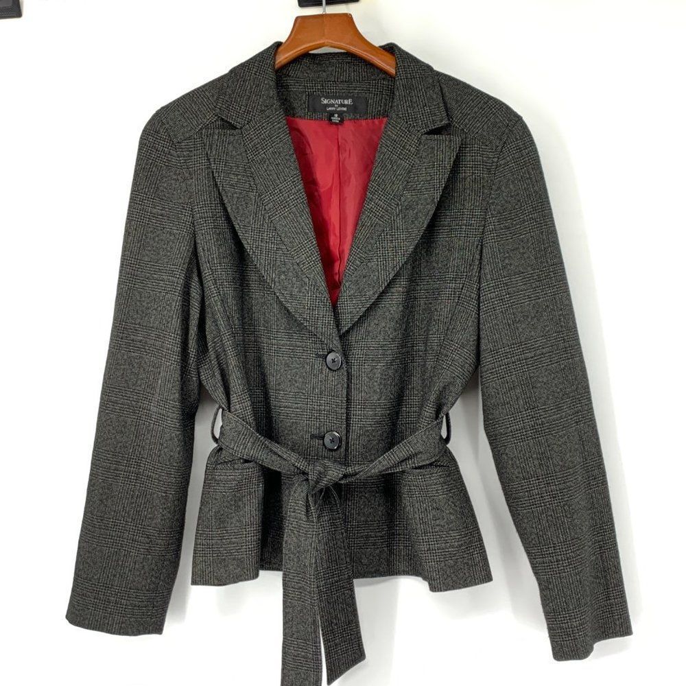 Womens Signature Larry Levine Blazer Jacket Size 12 Belt Plaid EUC 3169